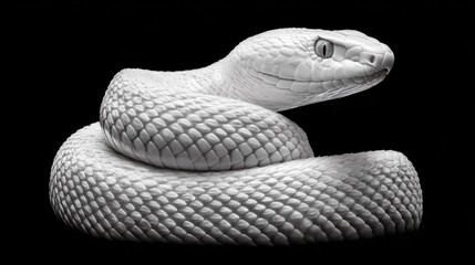 Fototapeta premium Albino rattlesnake coiled, isolated against a stark black background