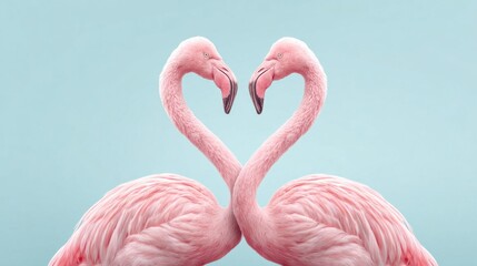 Fototapeta premium Two flamingos form a heart shape with their necks against a light blue background
