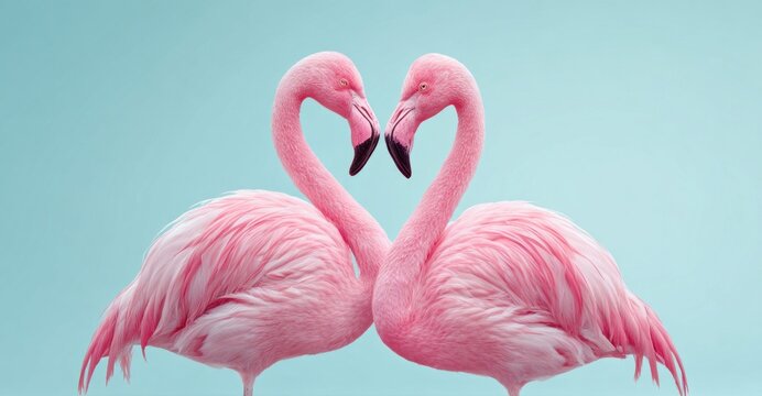 Two pink flamingos forming a heart shape with their necks against a blue background