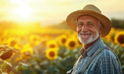 Portrait of a farmer standing in a sunflower field, wearing a straw hat and smiling warmly, golden natural light highlighting the vibrant surroundings,