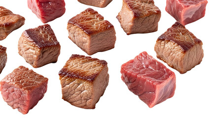 Cooked and Raw Diced Beef Cubes Product Shot isolated PNG with Transparent Background