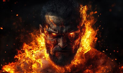 Portrait of a fierce fire performer mid-act, with flames glowing brightly in the dark, sharp detail on facial expression and fire texture, clean style, dynamic vibe,