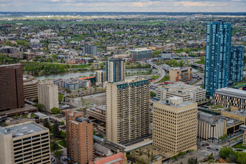 High rise buildings and riverfront in downtown Calgary