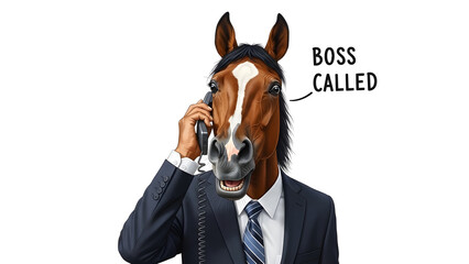 Humorous Horse Head Man in Business Suit Talking on Phone with Speech Bubble 'BOSS CALLED' Isolated Illustration isolated PNG with Transparent Background