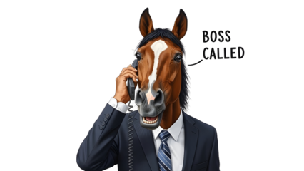 Humorous Horse Head Man in Business Suit Talking on Phone with Speech Bubble 'BOSS CALLED' Isolated Illustration isolated PNG with Transparent Background