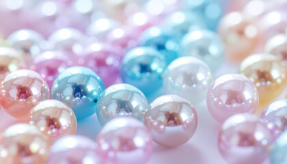パステルカラーのカラフルなビーズ、ガラス玉の背景画像　きれいでかわいいグラフィックス素材　明るいスタジオ照明の反射光