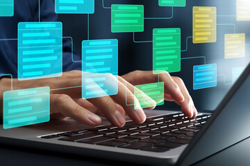 System design and software development. Engineer created class diagram to visualize system architecture and structure on laptop computer.