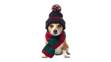 Cute Dog in Black Knitted Winter Hat and Festive Red Green Scarf isolated PNG with Transparent Background