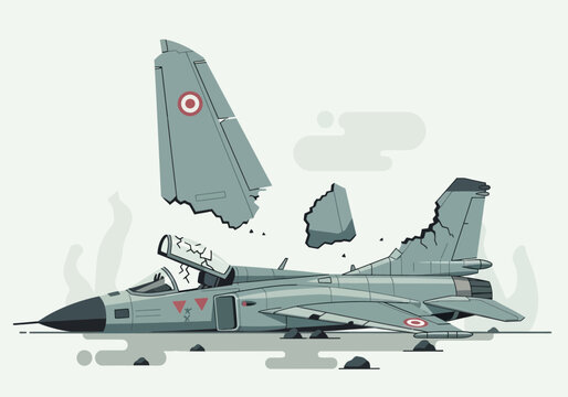 Damaged fighter jet with broken tail and debris falling.