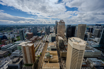 Downtown Calgary skyline with office towers and rail tracks