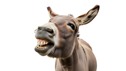 Funny close-up of a donkey's head braying with open mouth and teeth isolated PNG with Transparent Background