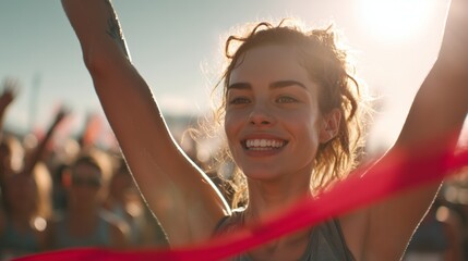 Happy woman smiling, raising arms after winning an athletic race