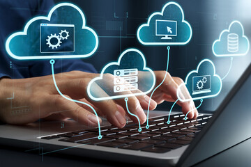 Multi cloud computing. Connecting to cloud service servers. Businessman using laptop computer with SaaS application.