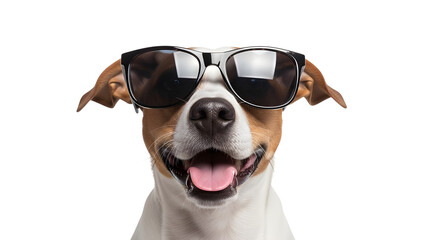 Happy Jack Russell Terrier Dog Wearing Black Sunglasses and Smiling with Tongue Out isolated PNG with Transparent Background