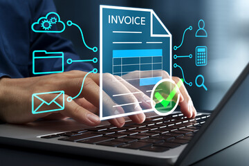 Electronic invoice system. Automated electronic invoice management and tax compliance. Businessman using laptop computer to manage e-invoices.