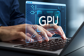 GPU accelerated software and applications. Advanced data processing including simulation and machine learning. Businessman using laptop computer.