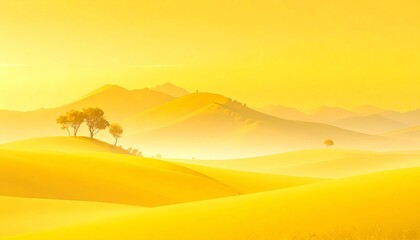 Golden sand dunes roll under a glowing sky, with a lone cluster of trees adding contrast—evoking serenity, natural rhythm, and ethereal warmth in a tranquil desert landscape.