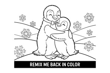 A black and white illustration of two penguins hugging with snowflakes around them