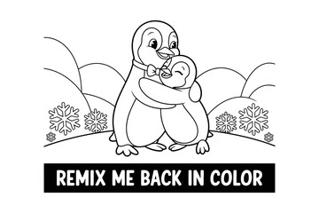 A black and white illustration of two penguins hugging with snowflakes and text