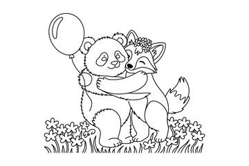 A cute cartoon bear and fox hugging in a field of flowers with a balloon