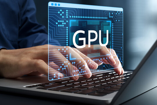GPU accelerated software and applications. Advanced data processing including simulation and machine learning. Businessman using laptop computer.