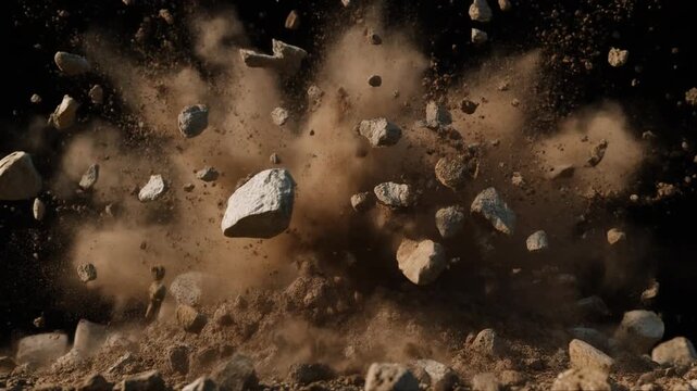 Explosion of rocks and dust in a dramatic scene.