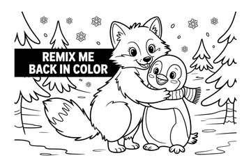 A cartoon fox and penguin in a winter scene with a coloring book page
