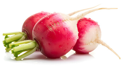 Vibrant Fresh Red Radishes with Green Stems Product Shot isolated PNG with Transparent Background