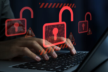 Hacking and system intrusion. Unauthorized access and account takeover. Unlocked padlock icons. Hacker using laptop computer to steal data.