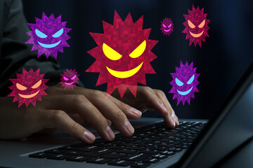 Online harassment and defamatory comments. Cyberbullying and offensive posts. Man using laptop computer.