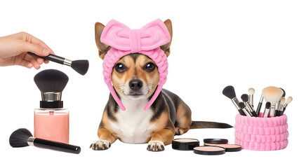 Small Chihuahua mix dog wearing a pink bow headband with a hand holding a makeup brush surrounded by cosmetic products isolated PNG with Transparent Background