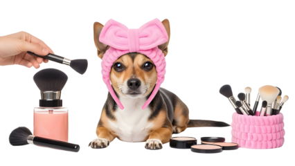 Small Chihuahua mix dog wearing a pink bow headband with a hand holding a makeup brush surrounded by cosmetic products isolated PNG with Transparent Background