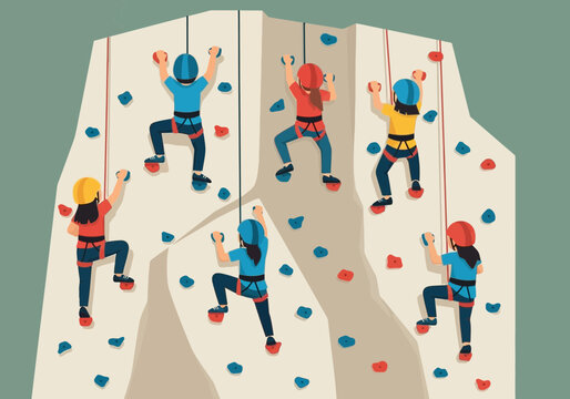 People climbing an indoor rock wall with colorful holds.