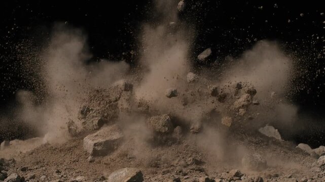 Explosion of dust and debris on a pile of rubble.