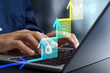 Steps to achieve project goal. Planning and execution of business plan. Businessman using laptop computer to manage strategy for success.