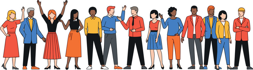 Fototapeta premium Diverse group of people standing together flat vector illustration representing multicultural community, teamwork, inclusion, diversity, equality, and modern social collaboration concept