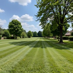 Obraz premium Vibrant Green Lawn Surrounded by Trees Under a Bright Blue Sky with Fluffy Clouds
