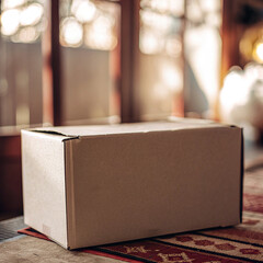 Plain Brown Cardboard Shipping Box on a Table in a Sunlit Home Interior