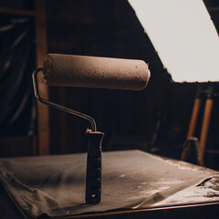 Rustic Paint Roller on Workbench in Moody Dramatic Studio Lighting