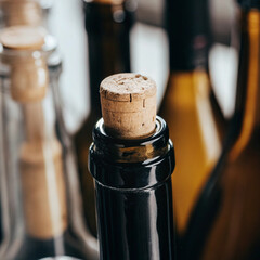 Close-up of a Corked Wine Bottle in a Cellar with Blurred Background