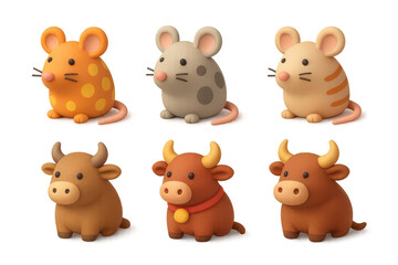 Fototapeta premium Cute animal icons set featuring rats and bulls for decorative designs