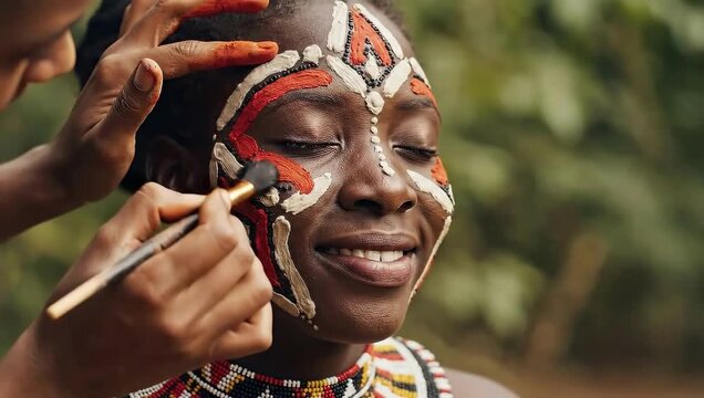 Applying Traditional African Face Paint Outdoors