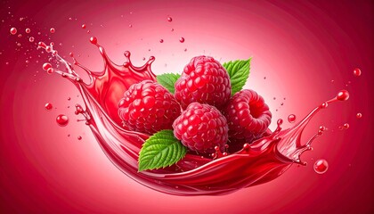 Ripe raspberries burst with red juice in a vivid splash, surrounded by green leaves and a gradient red backdrop, evoking freshness, energy, and the vibrant allure of natural fruit flavor.