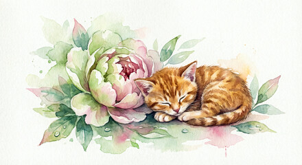 Watercolor orange tabby kitten sleeping curled up next to a large pink and green peony