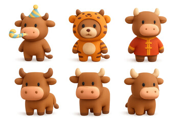 Fototapeta premium Cute cartoon ox icon set for festive and decorative design