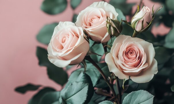 Romantic floral pattern with blush pink roses and soft green leaves, layered against a pastel-colored background for a timeless aesthetic - Powered by Adobe