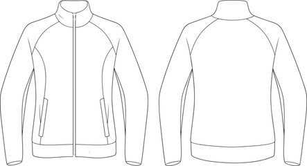 Vector technical flat sketch of a full zip raglan track jacket template, front and back view, blank apparel design mockup. © rakib's world