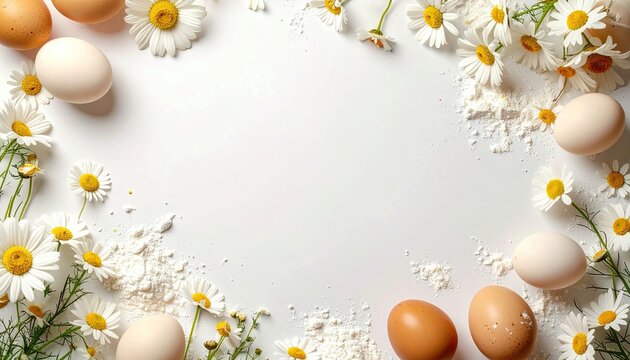 Eggs, daisies, and flour frame bright blank space