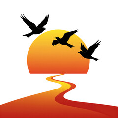 Naklejka premium Silhouette of birds flying near a glowing orange sun.