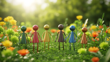 International women's day celebration with colorful figurines in blooming garden